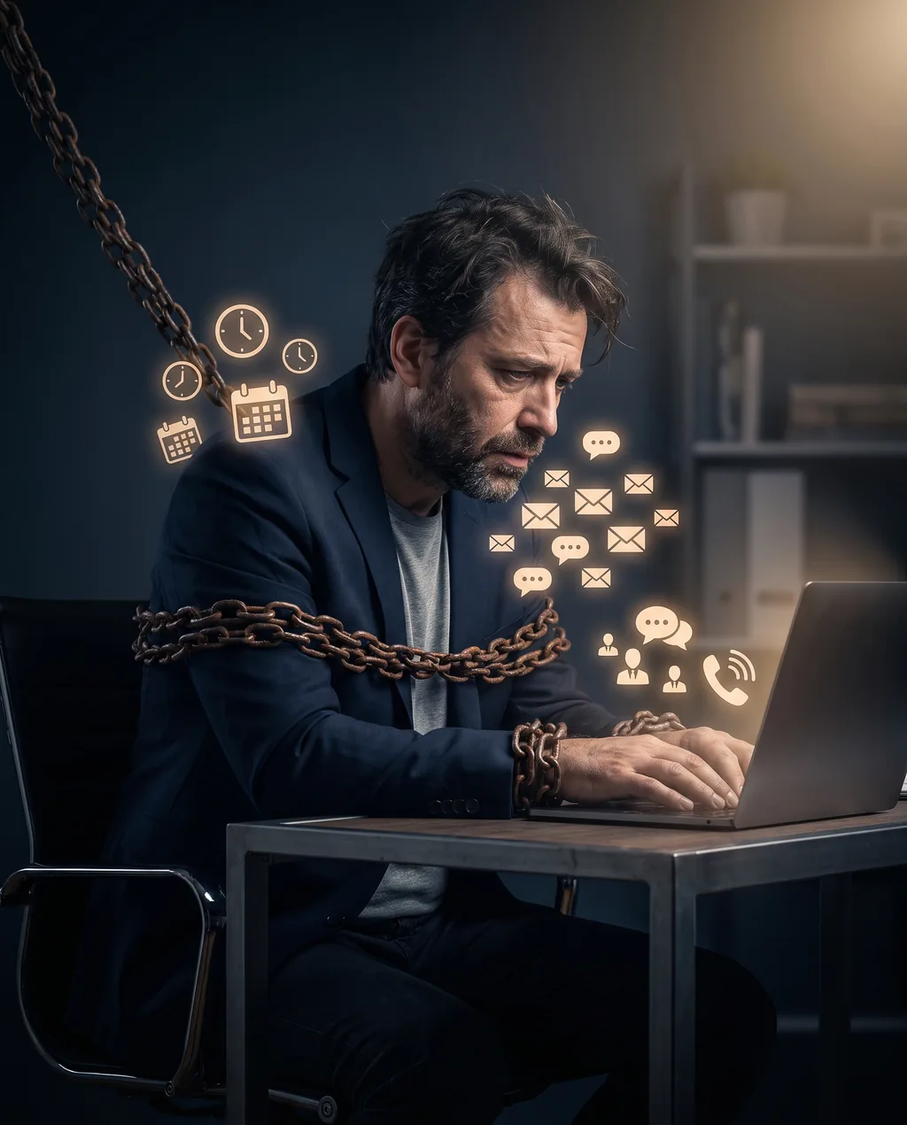 Ein Unternehmer sitzt am Laptop, gefesselt von Termin-Chaos, E-Mail-Flut und Anfragen